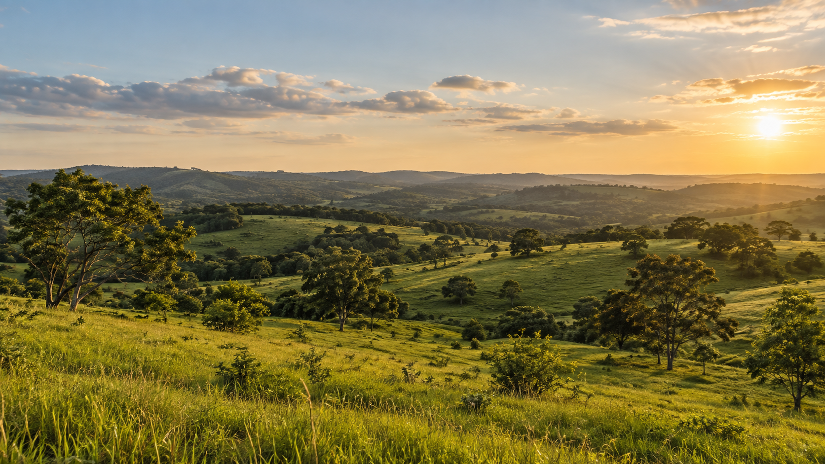 Paisaje campestre ilustrativo con vegetación y luz de atardecer